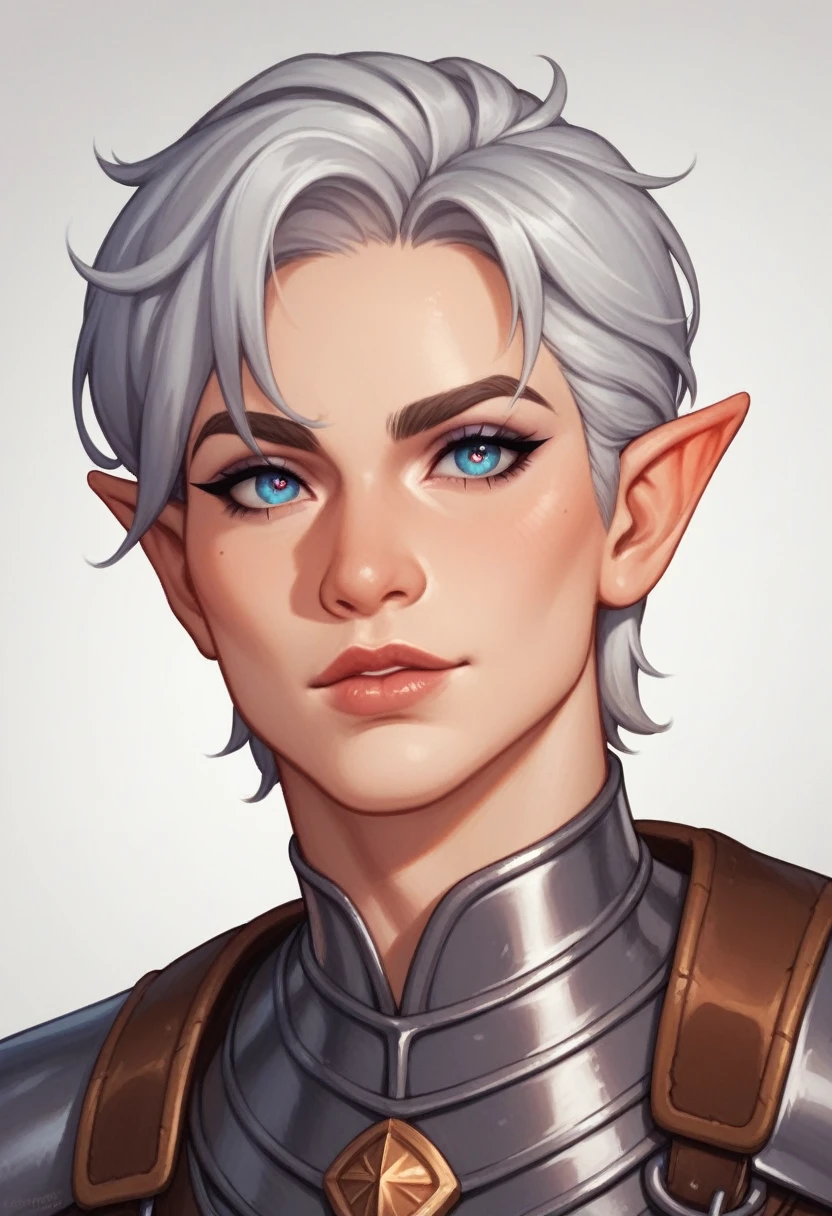 A 18-year-old male elf with an ectomorph build, light skin, and medium-length, silver hair styled simply. His diamond-shaped face is elegant and refined, with almond-shaped eyes that hold a mysterious depth. Thin lips and a small, Greek nose give him a delicate, ethereal appearance. His narrow, straight eyebrows add to his sophisticated, otherworldly charm. She is dressed in the leather armor of a medieval fantasy adventurer