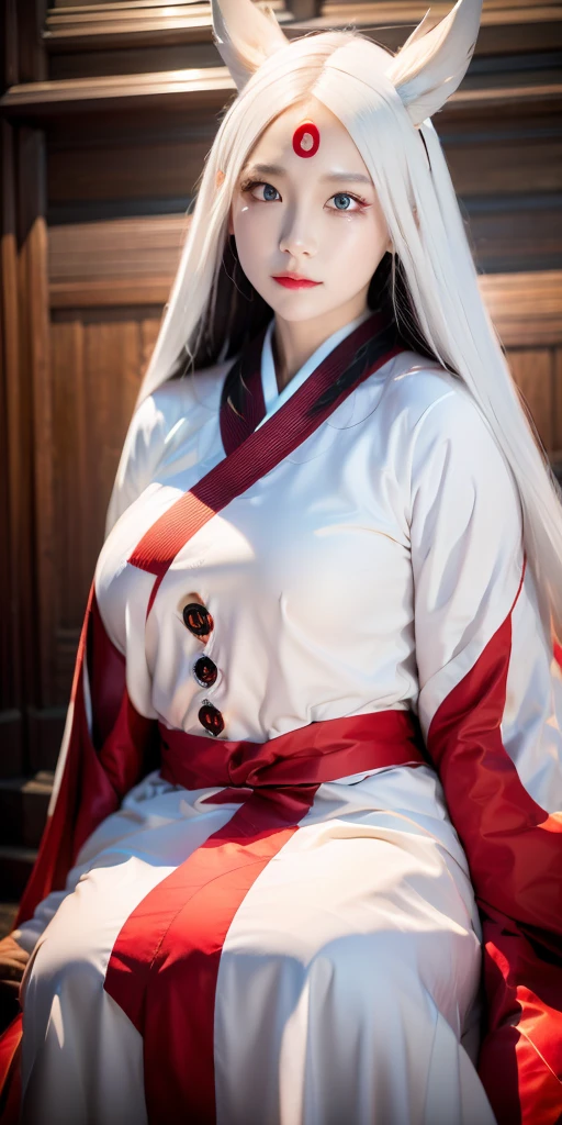 White Demon Fox、Nine-tailed Fox、Japanese women、kimono、Fair skin、Red lines on face、8K、I have long hair