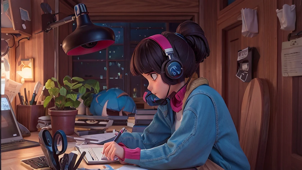 personagem de anime sentado em uma mesa com um laptop e fones de ouvido, louvar girl, louvar artstyle, louvar art, louvar feel, louvar girl aesthetic, louvar hip hop, louvar colors, louvar vibe, louvar vibes, louvar, louvar portrait, chihiro! Fujisaki, no estilo de atey ghailan