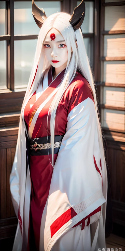 White Demon Fox、Nine-tailed Fox、Japanese women、kimono、Fair skin、Red lines on face、8K、I have long hair