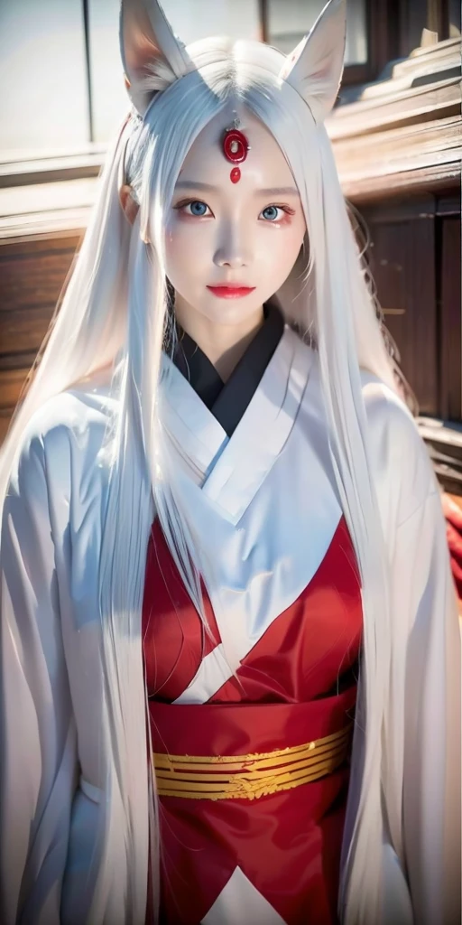 White Demon Fox、Nine-tailed Fox、Japanese women、kimono、Fair skin、Red lines on face、8K、I have long hair