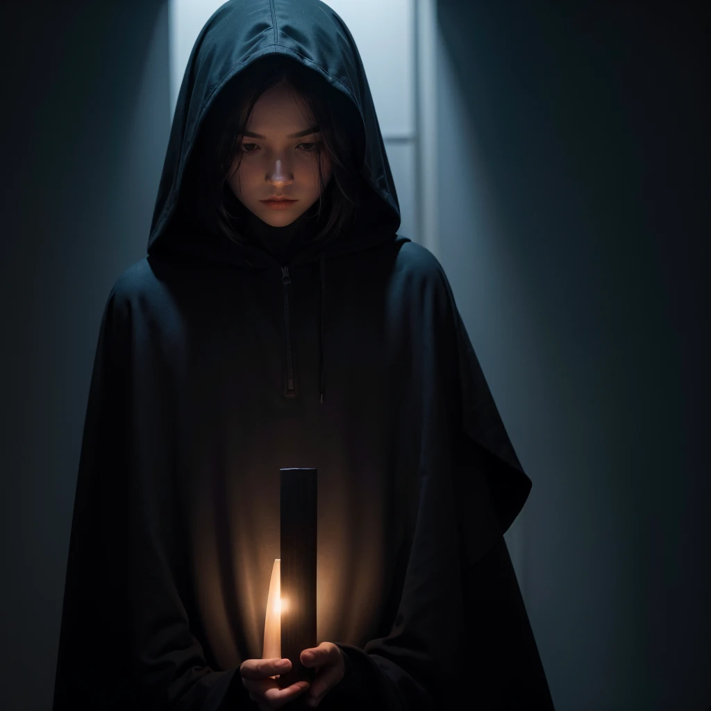 Cloaked Figure: Dark silhouette of a hooded figure, with minimal detail on the face to maintain mystery. Lighting: A soft light effect coming from behind or above, creating an aura around the figure.