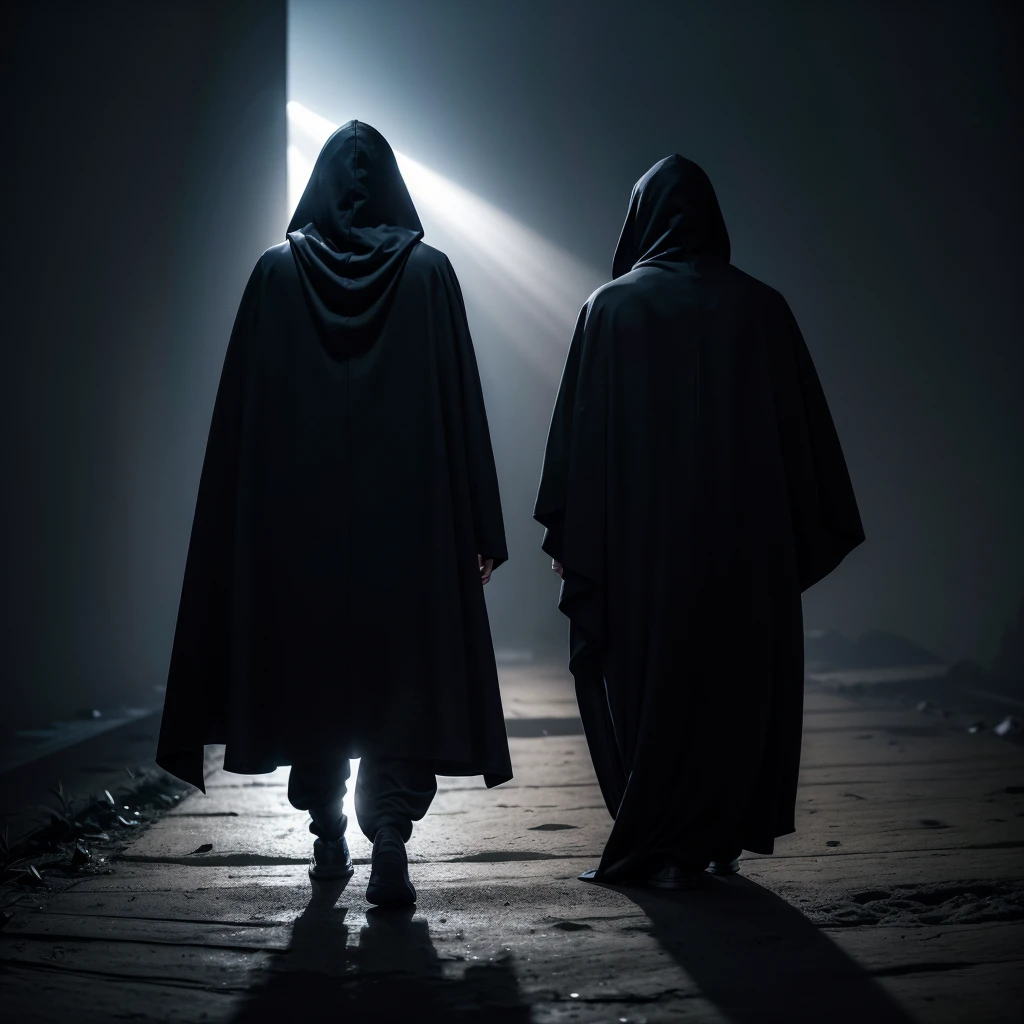 Cloaked Figure: Dark silhouette of a hooded figure, with minimal detail on the face to maintain mystery. Lighting: A soft light effect coming from behind or above, creating an aura around the figure.