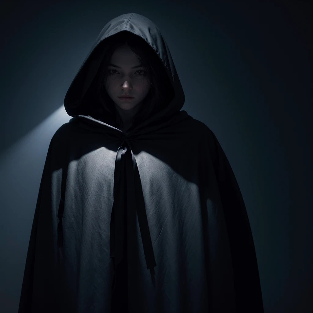 Cloaked Figure: Dark silhouette of a hooded figure, with minimal detail on the face to maintain mystery. Lighting: A soft light effect coming from behind or above, creating an aura around the figure.