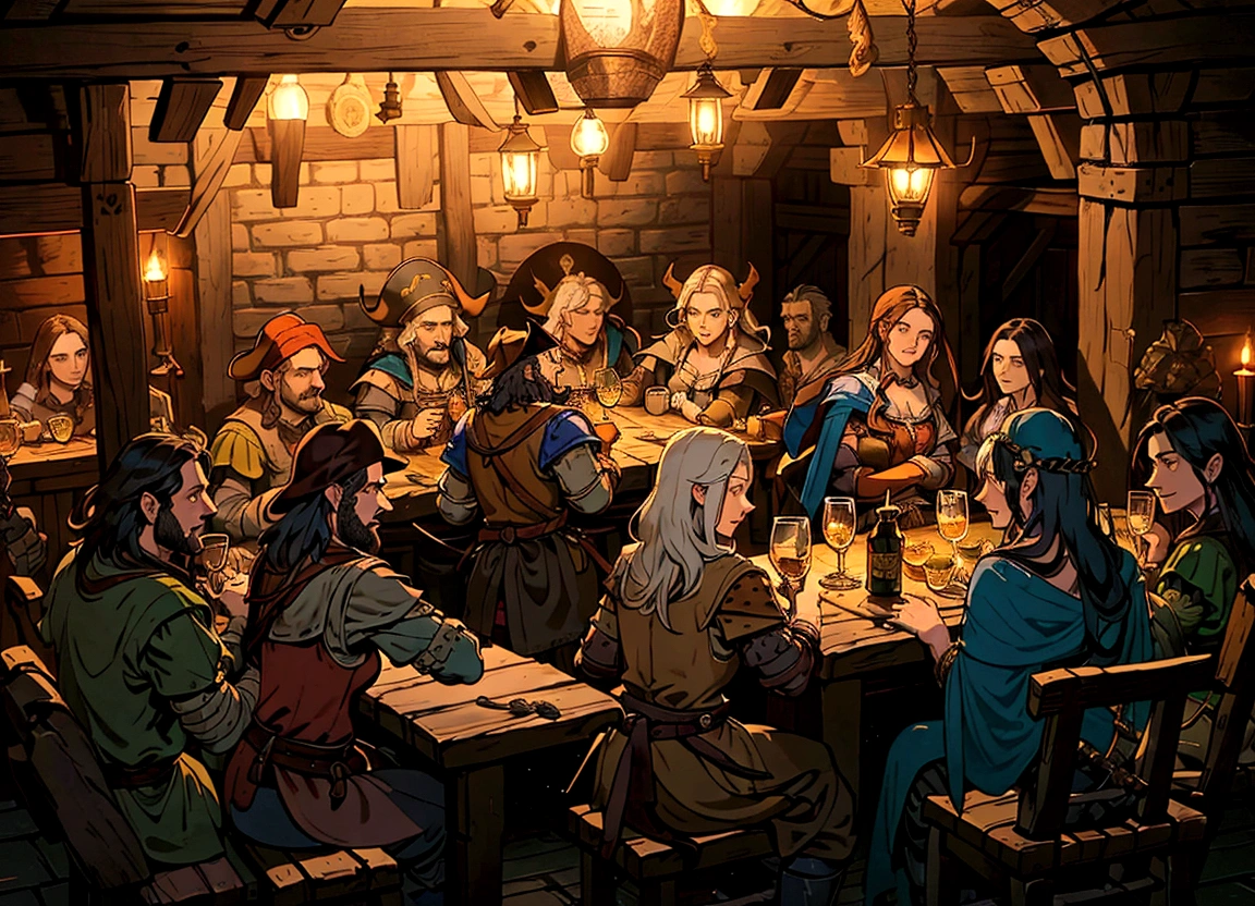 a group of people sitting around a table in a room, in a medieval tavern at night, inside a tavern, pirates in a tavern, tavern background, fantasy tavern background, taverns nighttime lifestyle, a multidimensional cozy tavern, medieval tavern, in fantasy tavern near fireplace, medieval d&d mood, dimly-lit cozy tavern, tavern