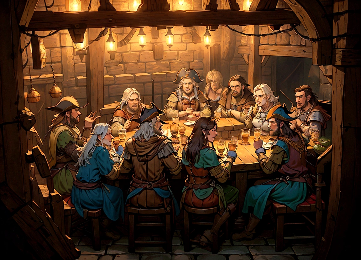 a group of people sitting around a table in a room, in a medieval tavern at night, inside a tavern, pirates in a tavern, tavern background, fantasy tavern background, taverns nighttime lifestyle, a multidimensional cozy tavern, medieval tavern, in fantasy tavern near fireplace, medieval d&d mood, dimly-lit cozy tavern, tavern