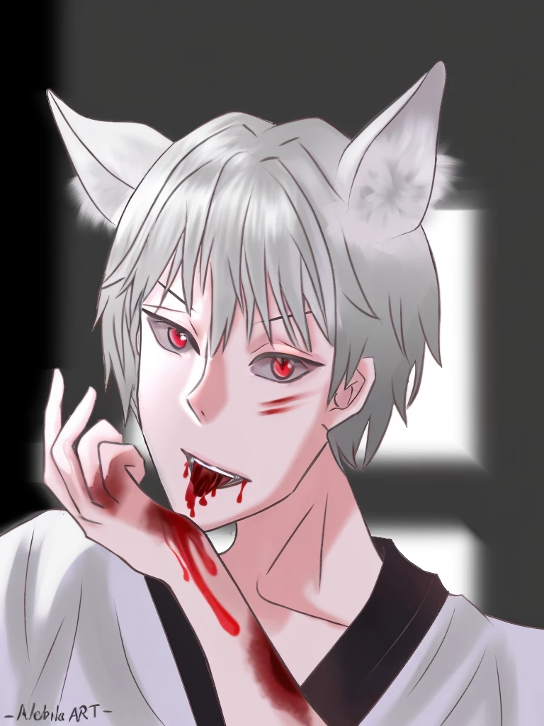 handsome man, red eyes, werewolf, white hair, licks blood 