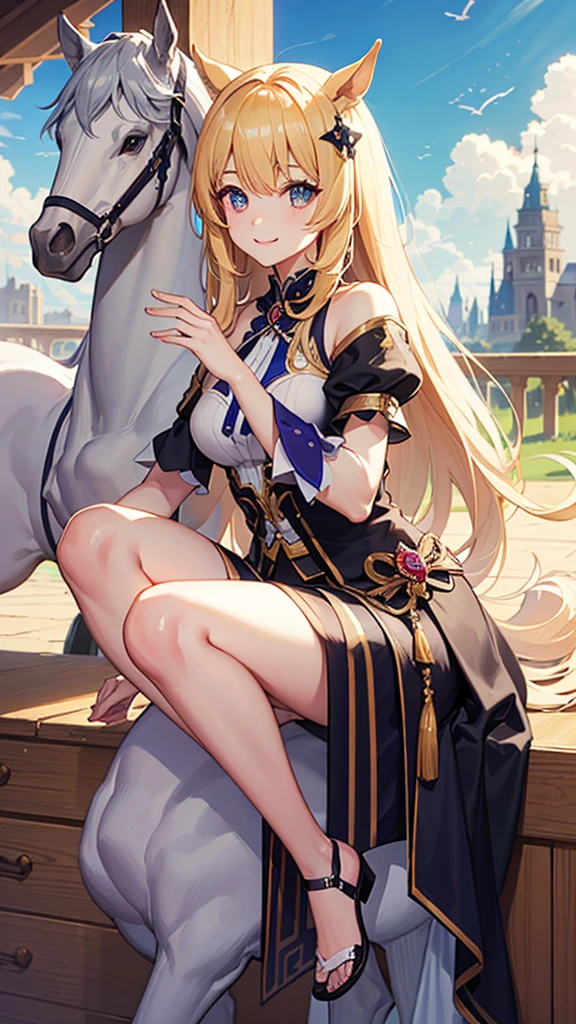((最high quality, 8K, masterpiece)), High resolution、（high quality: 1.5）、Very detailed、Detailed face、Bright colors、Natural light、Fine grain、Colorful eyes、Beautiful Face、非常にDetailed faceのテクスチャの女性,masterpiece, 最high quality, Detailed and beautiful eyes,最high quality、Best image quality、masterpiece、Mr.々Hairstyle,Just beautiful,mature female,独奏,smile,smile,(Fictional Horse Girl),(Fictional Horse Girlのデザイン),New Uma Musume design,Competition clothes,Horse ears,Horse tail,Posing,Supra-knee composition,field,truck,masterpiece,最high quality、so beautiful、High resolution,((Glamorous Body)))(masterpiece:1.2)、(最high quality:1.2)、Latest Glossy Skin