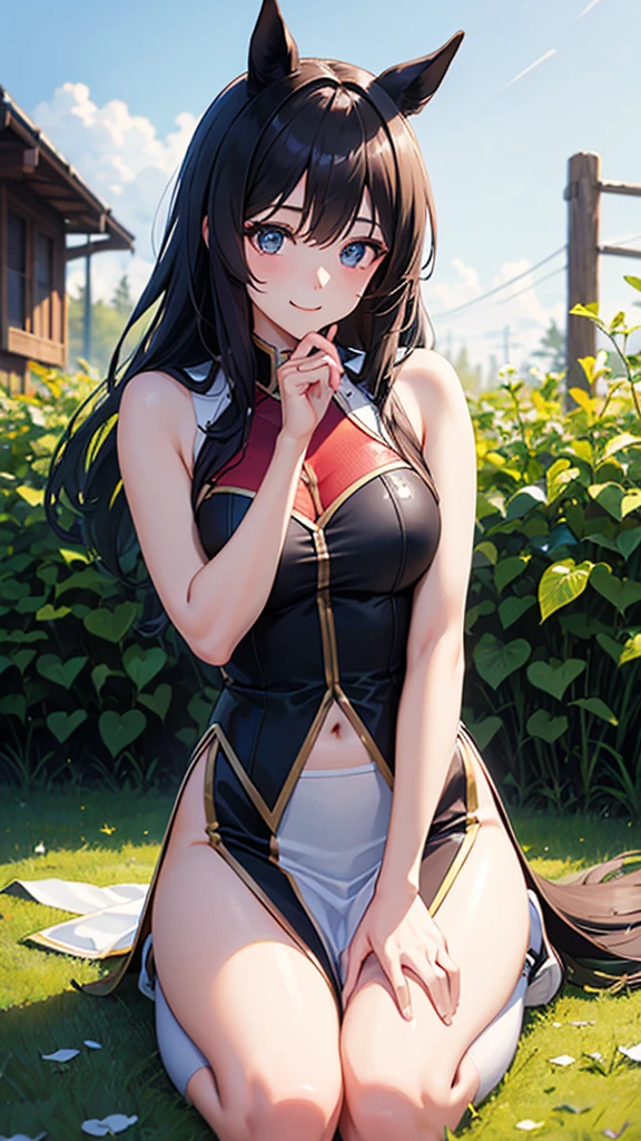 masterpiece, best quality, highres, aarurutie,1girl, white bra, white tight panties, white suspenders and stockings. standing, garden, smile, red blush, , open mouth, megumin_konosuba:1}, short_hair, brown_hair, red_eyes, black_hair,, small breasts,