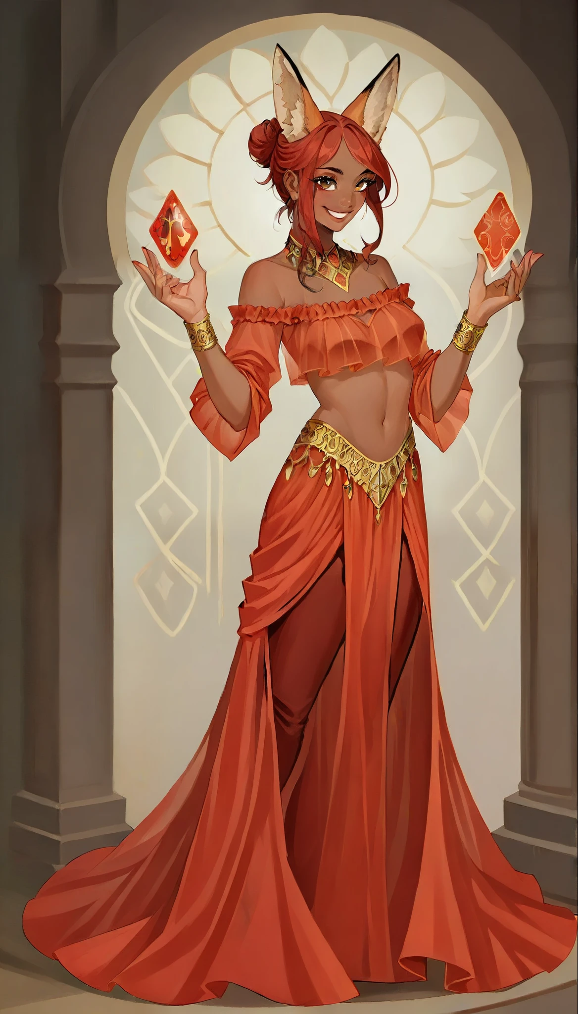 score_9, score_8_up, score_7_up, score_6_up, score_5_up, score_4_up, 
female, (fox:1.2), animal ears, holding (2 red magic Crystals on hands), (hands_up) , jewelery, hair_bun, dark_skin, dark_skinned_female, red hair, brown eyes, eyelashes, smile, frills, (Translucent croptop, arabic pants),
Full body standing painting, (((solo))), Simple line design, ((tarot card background, symmetric beauty)), perfectly symmetrical, The art of symmetry, Standing drawings of characters, ((flatcolors)), tmasterpiecetop Qualities qualtiy