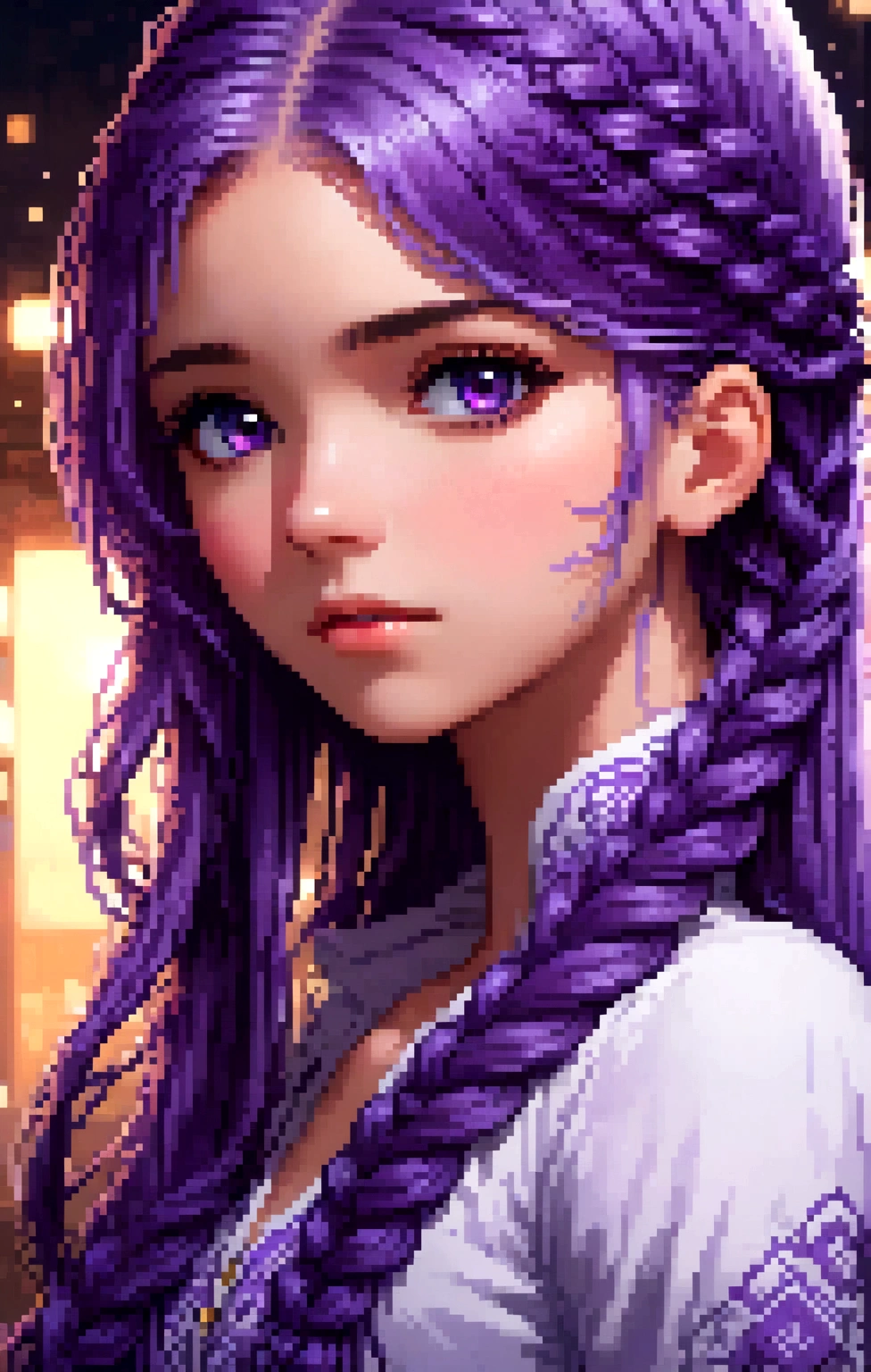 1girl, face, pixel art, single long braid hair, purple hair, close up, head and neck, intricate, super detailed, 8k