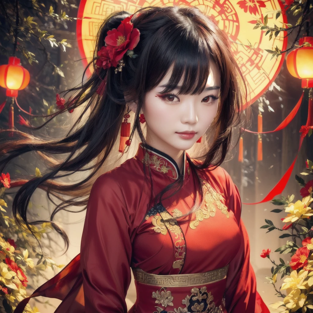 Adult beauty Chinese girl in red dress with red flowers and a red lantern, red eye, realistic