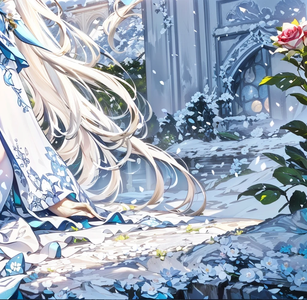 ((best quality,masterpiece,Extremely complex and exquisite details)),White long straight hair,(Correct hand anatomy),(Exquisite light blue and white clothing,Beautiful bright and exquisite snow white ancient style high transparent architectural background),(Rose,Snow,Falling Flowers,Majestic and elegant outdoors)