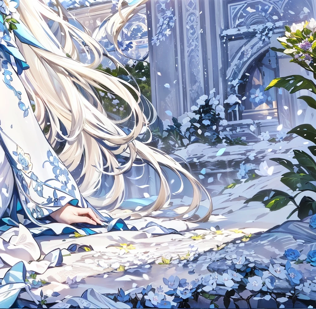 ((best quality,masterpiece,Extremely complex and exquisite details)),White long straight hair,(Correct hand anatomy),(Exquisite light blue and white clothing,Beautiful bright and exquisite snow white ancient style high transparent architectural background),(Rose,Snow,Falling Flowers,Majestic and elegant outdoors)