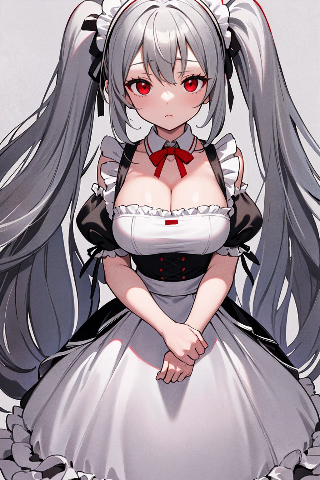 whole body,Standing posture, (Gray Hair,Twin tails,) (Super big breasts,,Symphogia style,Red eyes), (beautifully drawn face:1.2) (Maid clothes,Cleavage) Cold look,(White background)