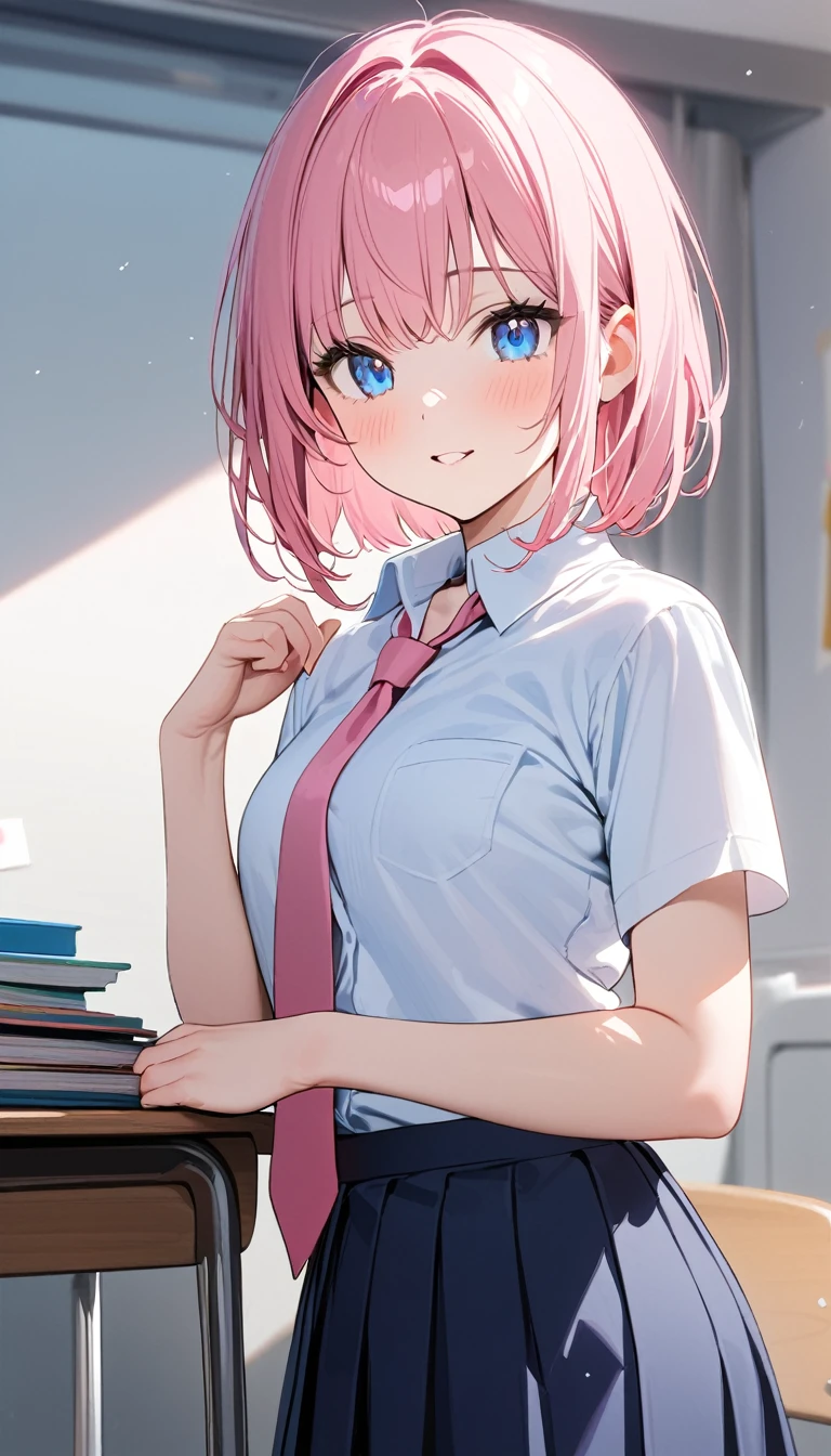 (1 girl),(Best Picture Quality, 8K, Masterpiece:1.3), (high school student:1.5), (pink lob hair), (bob cut), (slant skyblue eyes), ((school uniform, short simple sleeve shirt, darkblue skirt, pink tie)), (super clear:1.5), (glistening skin:1.1),(pale skin:1.1),