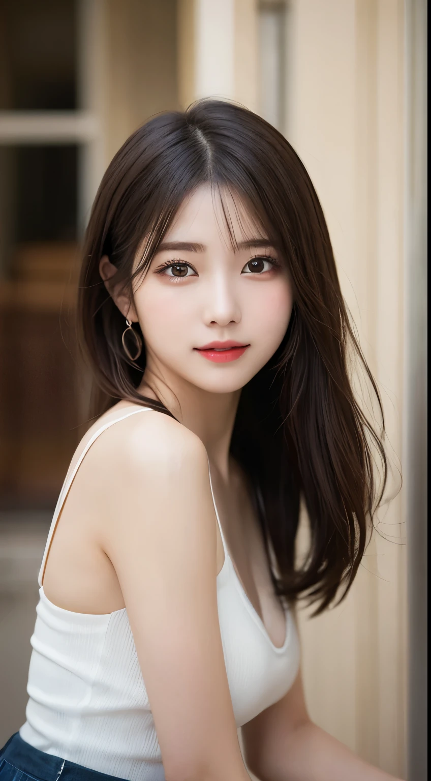 Tabletop, Highest quality, figure, Super detailed, In detail, High resolution, 8k wallpaper, Perfect dynamic composition, Beautiful attention to detail 、Medium Hair, Small breasts, Natural color lip, smile,20-year-old girl、Midnight、Beautifully detailed face、Perfect and beautiful face、Big eyes、KPOP idol faces,Japanese idol faces、RAW Photos、Slim face and figure、Blurred Background