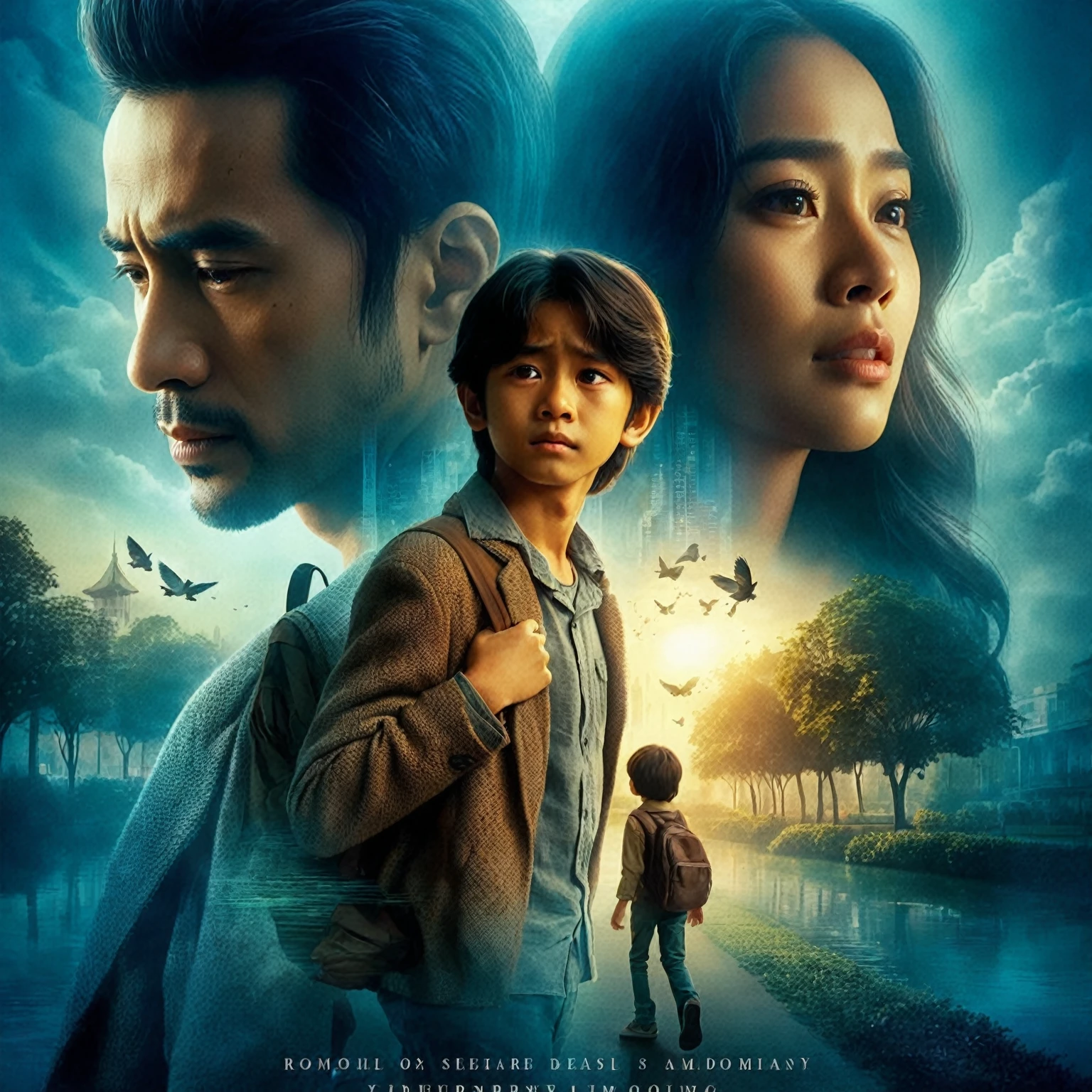 romantic Indonesian film poster, about long distance love, close up shot of a man and a 10 year old boy walking in a park while hugging, in the background there is a woman with long hair crying while looking at the two of them, they are gaze at the camera, focus on faces, stunning depiction of a realism surreal film poster, stunning abstract background with the shadow of a city, dark blue cinematic lighting, photorealistic, realistic human, UHD 1536px, high quality photos.