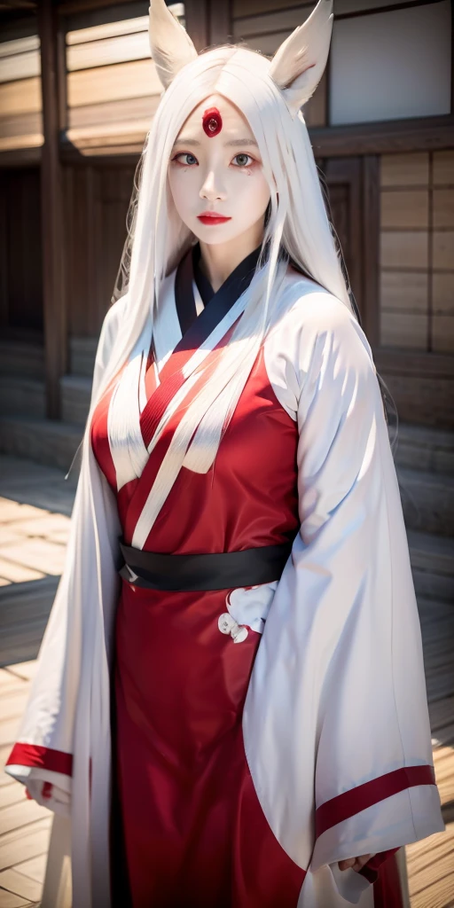 White Demon Fox、Nine-tailed Fox、Japanese women、kimono、Fair skin、Red lines on face、8K、I have long hair