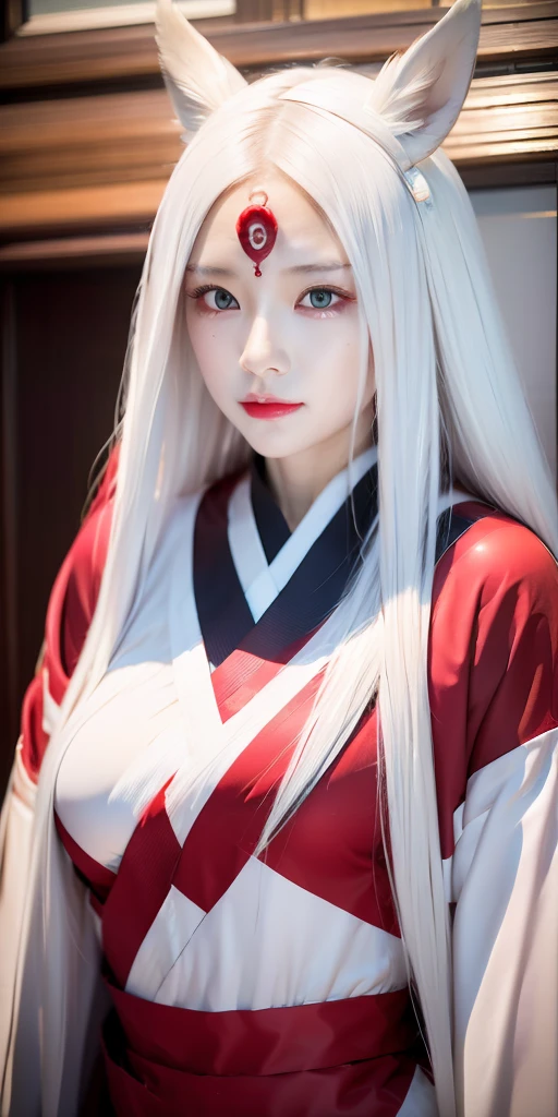 White Demon Fox、Nine-tailed Fox、Japanese women、kimono、Fair skin、Red lines on face、8K、I have long hair