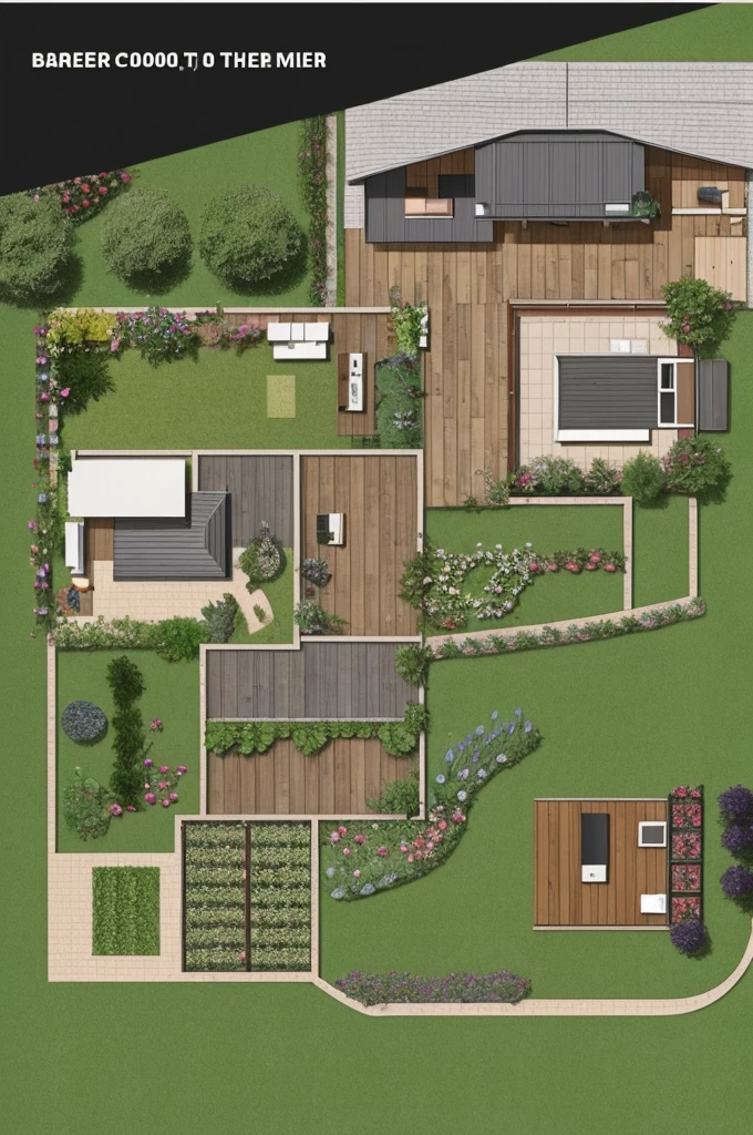 Diagram of a 5000m2 garden, 500m2 house in the middle of the garden, with BBQ on the left and tea area on the right. In front of the house is a garage, a warehouse and a flower garden, behind the house are 5 fish ponds with many fruit trees and vegetable gardens, 2 chicken coops and a nursery at the back.
