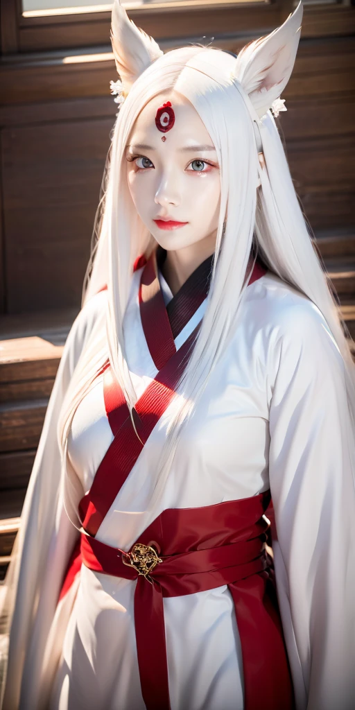 White Demon Fox、Nine-tailed Fox、Japanese women、kimono、Fair skin、Red lines on face、8K、I have long hair