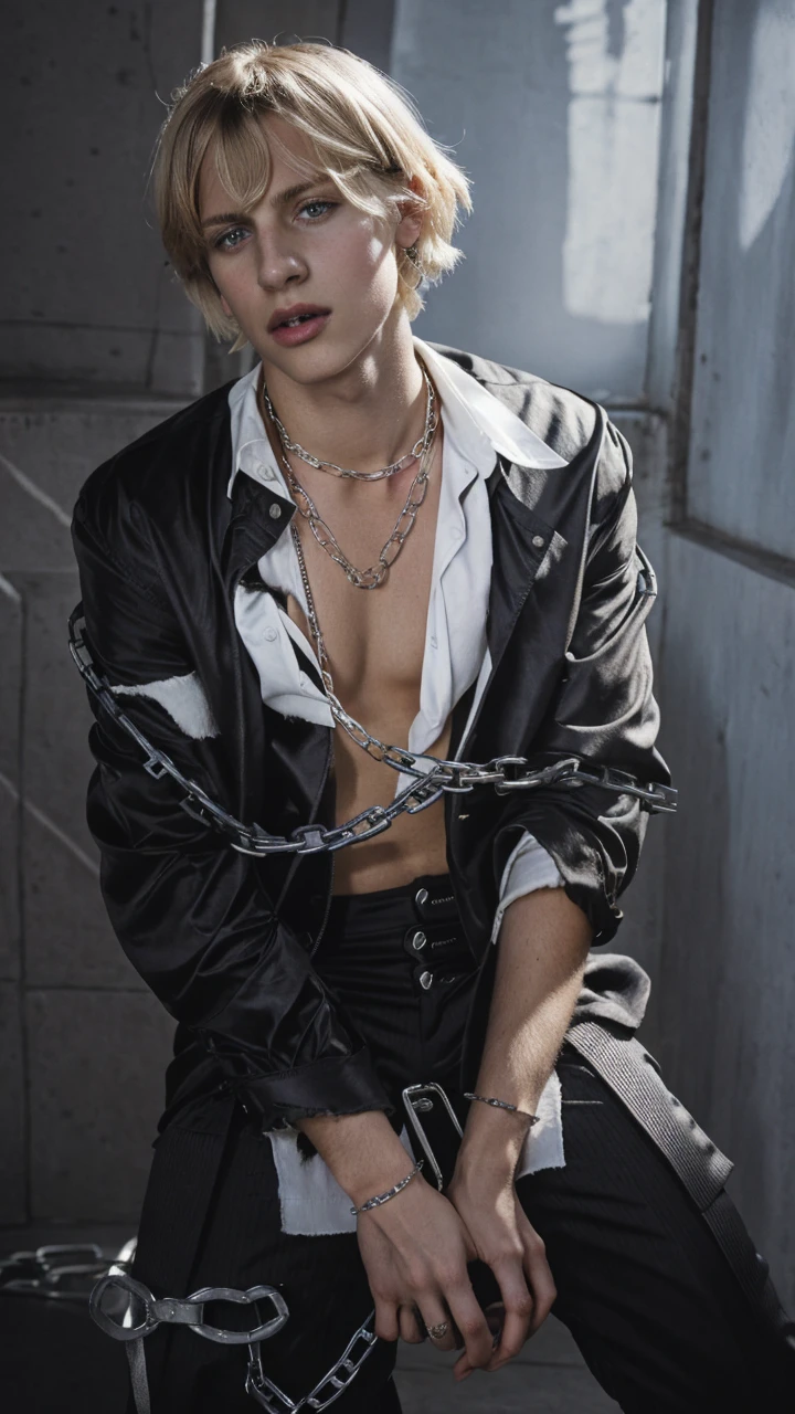 1boy, bangs, belt, black jacket, black pants, blood, bound, bound wrists, blonde hair, chain, chained, collared shirt, cuffs, cuts, formal, handcuffs, injury, jacket, kneeling, long sleeves, looking at viewer, male focus, open clothes, open shirt, pants, parted lips, red eyes, shirt, short hair, solo, suit, torn clothes, torn shirt, white shirt