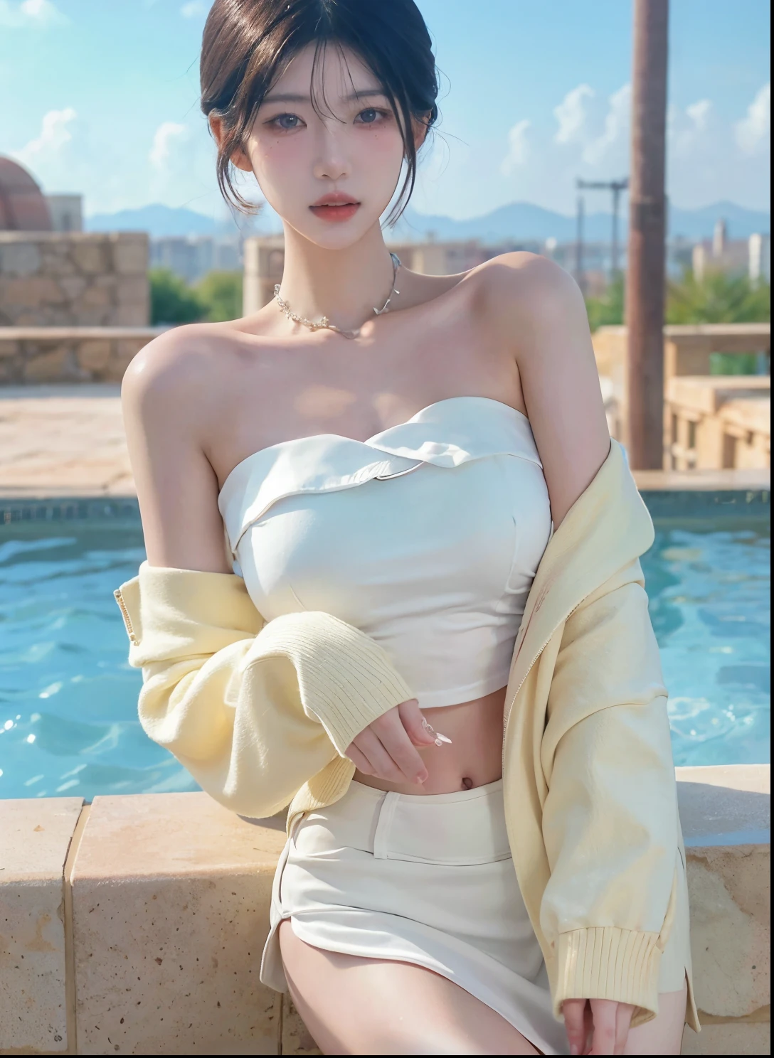 Beautiful woman with perfect figure:1.4,Swimming background,Desert Background,Ultra-high resolution,Seductive laughter,wear glasses,White legs,(lifelike:1.4),Layered Hairstyle,White skin,Black mini pleated skirt,whole body,Very delicate face and skin texture,Double eyelids,Skin Whitening,Long hair,White hair,White,