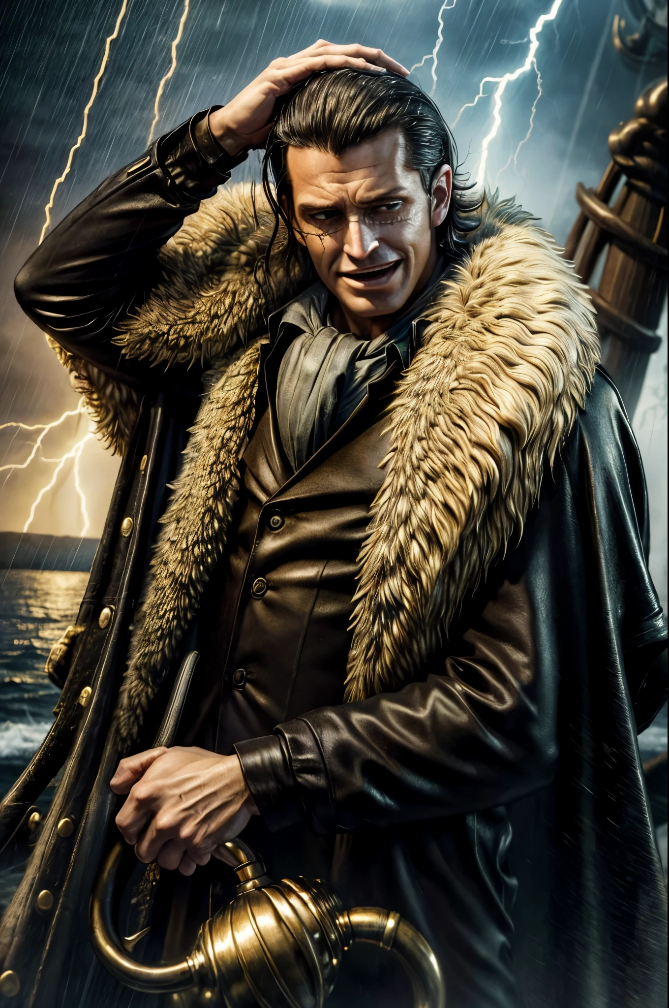 masterpiece, best quality, extremely detailed, hyperrealistic, photorealistic, a cool 40s man, ultra detailed face:1.2, fur-trimmed coat, scarf around the neck, his left hand is a golden pirate hook:1.1, on detailed yacht, heavy rain, stormy sea, lightning, laughing, dynamic angle, arms up