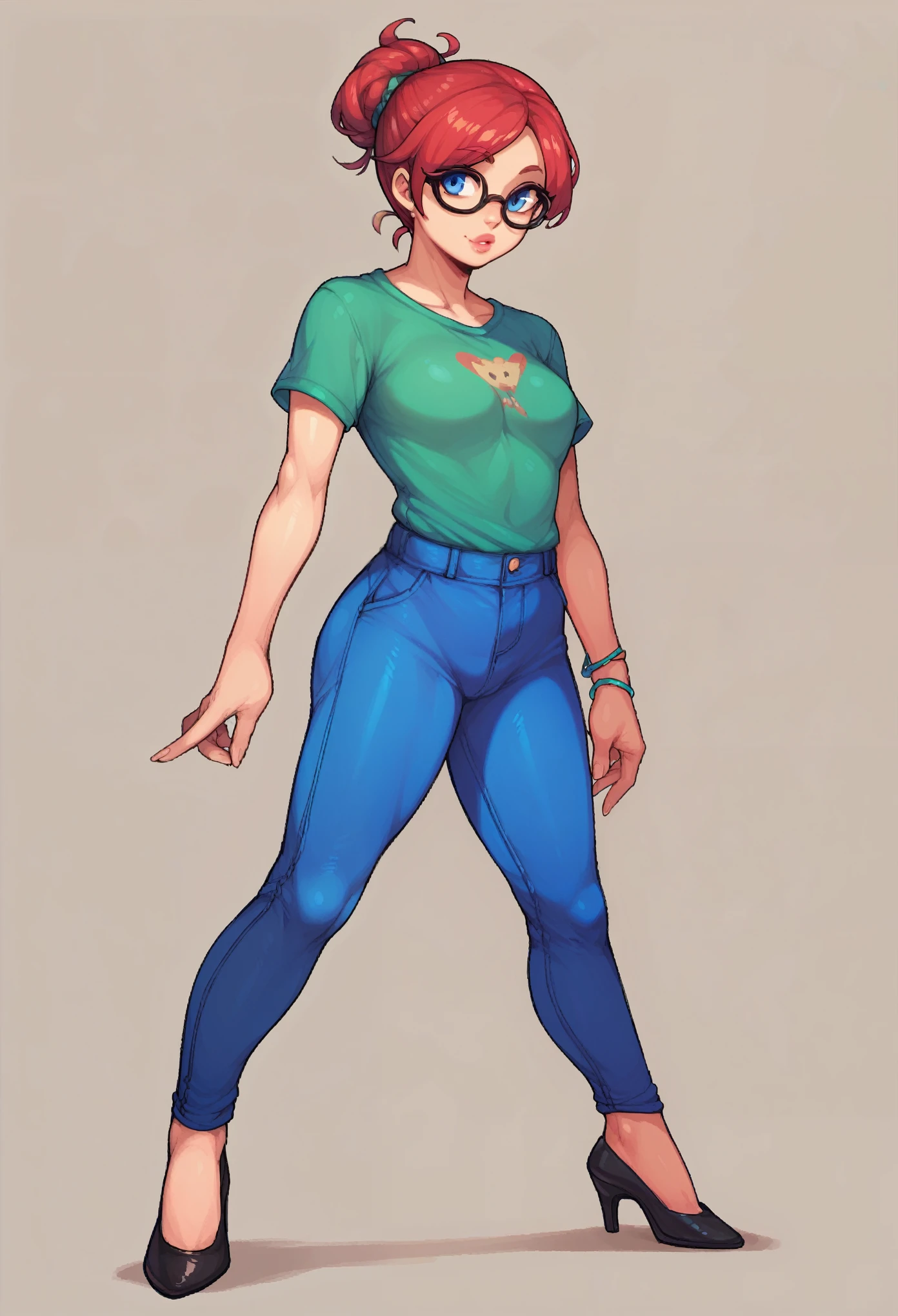 score_9, score_8_up, score_7_up, score_6_up, pixel art of a woman, pale, smooth skin, blue eyes, long straight red hair, full lips, slender physique, green t-shirt, glasses, blue pants, black heels
