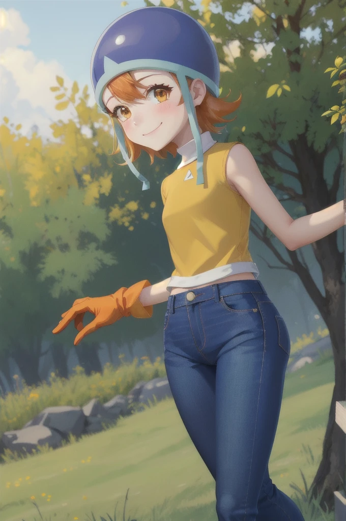 masterpiece, Highest quality, High resolution,
Soladef, One girl, alone, blush, smile, short hair, Orange Hair, Helmet, Orange eyes, Digimon,
yellow shirt, shirt, No sleeve, pants, jeans, Red gloves,
Cowboy Shot, View your viewers, Upright immobile posture, Outdoor, Grass, Field, forest, sunlight, null, blue null, 