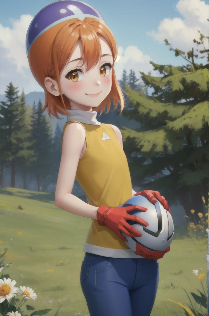 masterpiece, Highest quality, High resolution,
Soladef, One girl, alone, blush, smile, short hair, Orange Hair, Helmet, Orange eyes, Digimon,
yellow shirt, shirt, No sleeve, pants, jeans, Red gloves,
Cowboy Shot, View your viewers, Upright immobile posture, Outdoor, Grass, Field, forest, sunlight, null, blue null, 