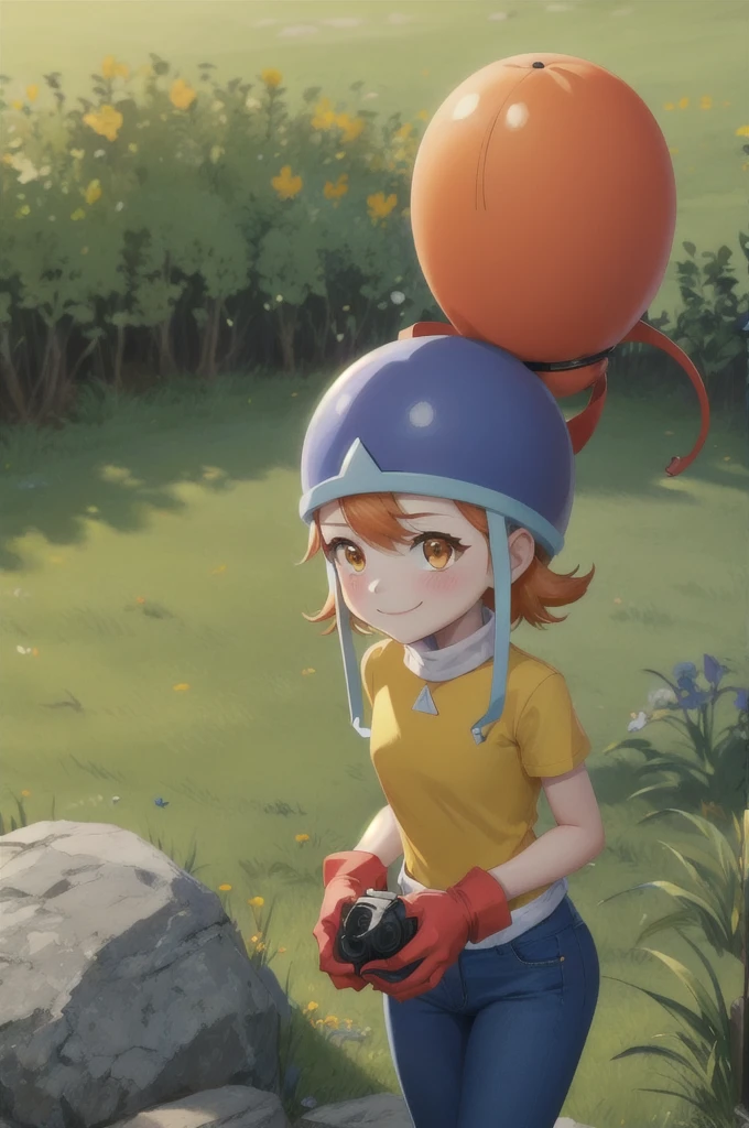 masterpiece, Highest quality, High resolution,
Soladef, One girl, alone, blush, smile, short hair, Orange Hair, Helmet, Orange eyes, Digimon,
yellow shirt, shirt, No sleeve, pants, jeans, Red gloves,
Cowboy Shot, View your viewers, Upright immobile posture, Outdoor, Grass, Field, forest, sunlight, null, blue null, 