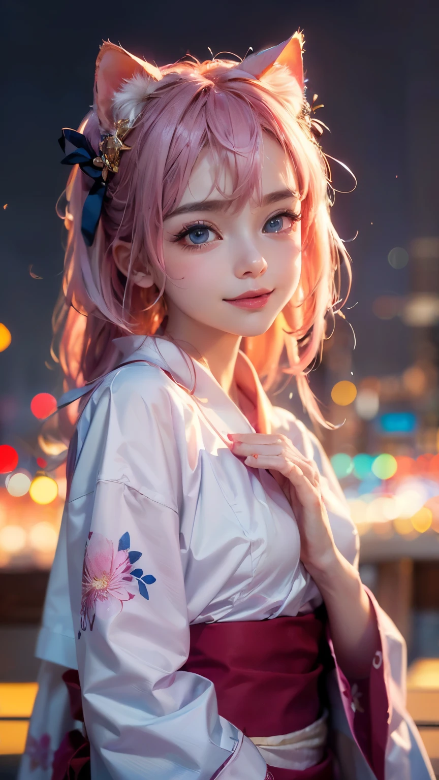 ((Highest quality)), ((masterpiece)), (detailed), 8K, High Resolution,One girl, Pink Hair, Perfect Eyes, Goddess of Athena, (I'm praying:1.3), Hands together, (have confidence:1.6), (Facing forward:1.5), (Be confident:1.5), Fireworks display on background, smile, pink floral yukata, Cat ear, (Angel's wing:1.2), big eyes, (The body also faces forward:1.5),