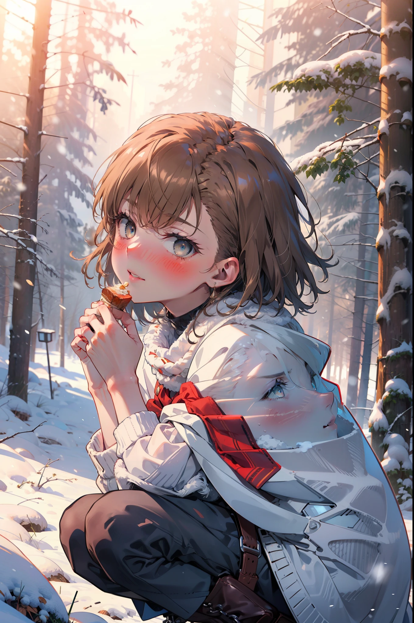 Mycotrose, Brown eyes,Brown Hair,short hair,smile,blush,White Breath,
Open your mouth,snow,Ground bonfire, Outdoor, boots, snowing, From the side, wood, suitcase, Cape, Blurred, Increase your meals, forest, White handbag, nature,  Squat, Mouth closed, フードed Cape, winter, Written boundary depth, Black shoes, red Cape break looking at viewer, Upper Body, whole body, break Outdoor, forest, nature, break (masterpiece:1.2), Highest quality, High resolution, unity 8k wallpaper, (shape:0.8), (Beautiful and beautiful eyes:1.6), Highly detailed face, Perfect lighting, Extremely detailed CG, (Perfect hands, Perfect Anatomy),