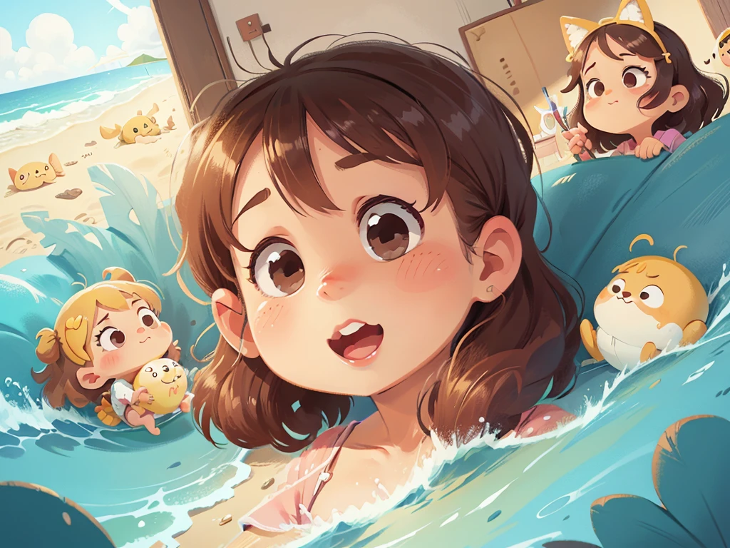 cartoon illustration,facial details,cute,indoor，seaside，sandy beach，sunshine，sea wave，