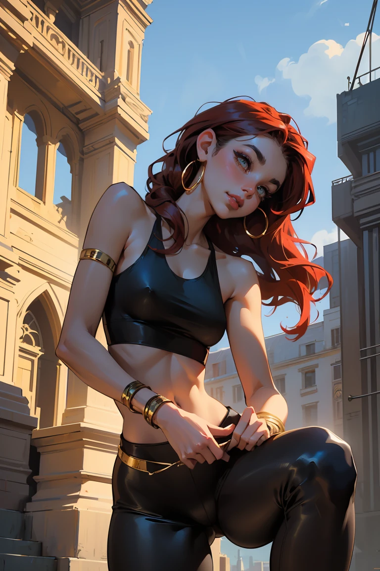 Goddess ((goddess-like woman)), slim, elegant silhouette, masterpiece, (close angle), best quality, cute face, (masterpiece:1,2, best quality), (real picture, intricate details), ( 1 lady, solo, medium tits, narrow waist, (long hair), a woman with long hair, red hair, long wavy red hair, green eyes, she has an impressive presence., bracelet, hoop earrings, jewelry, beautiful face, beautiful eyes, she looks the Viewer, she is wearing a cream tank top with thin gold straps, cropped waist, black long leggings, tank top with thin gold straps, black leggings, boots, sweet irresistible smile, elegant pose, elegant hands, beautiful hands, perfect fingers, background: her stands in a big city, a busy city, a dance club, outside, blue sky,