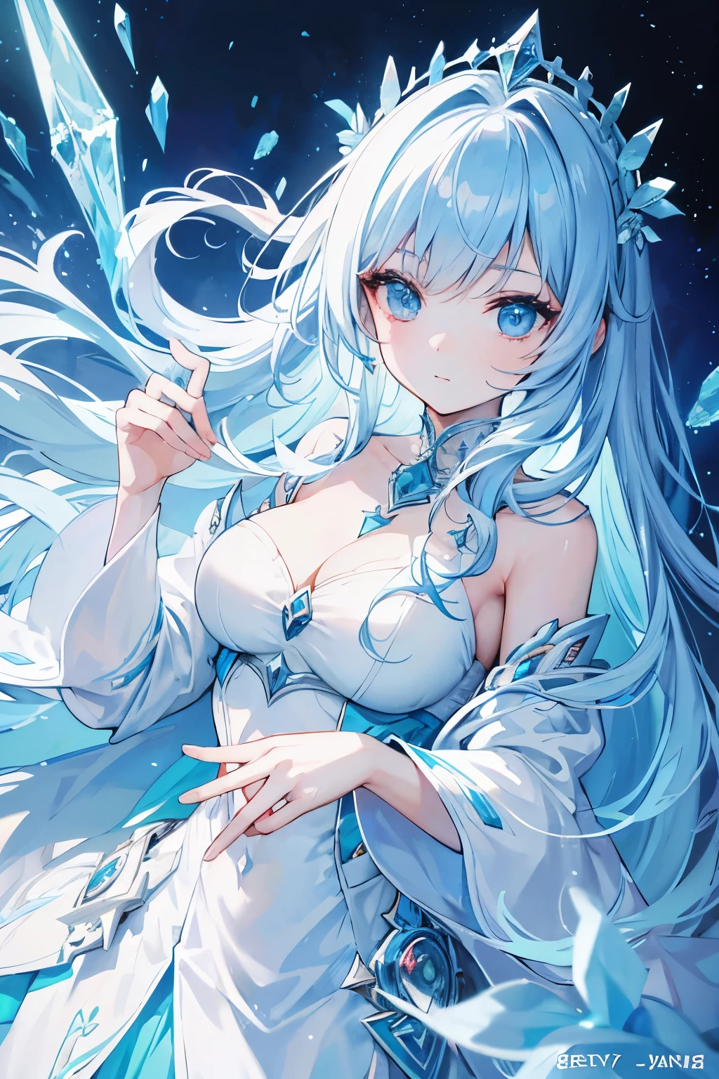 `an ice queen in a kingdom with the sun in the background, high definition, rich in details`