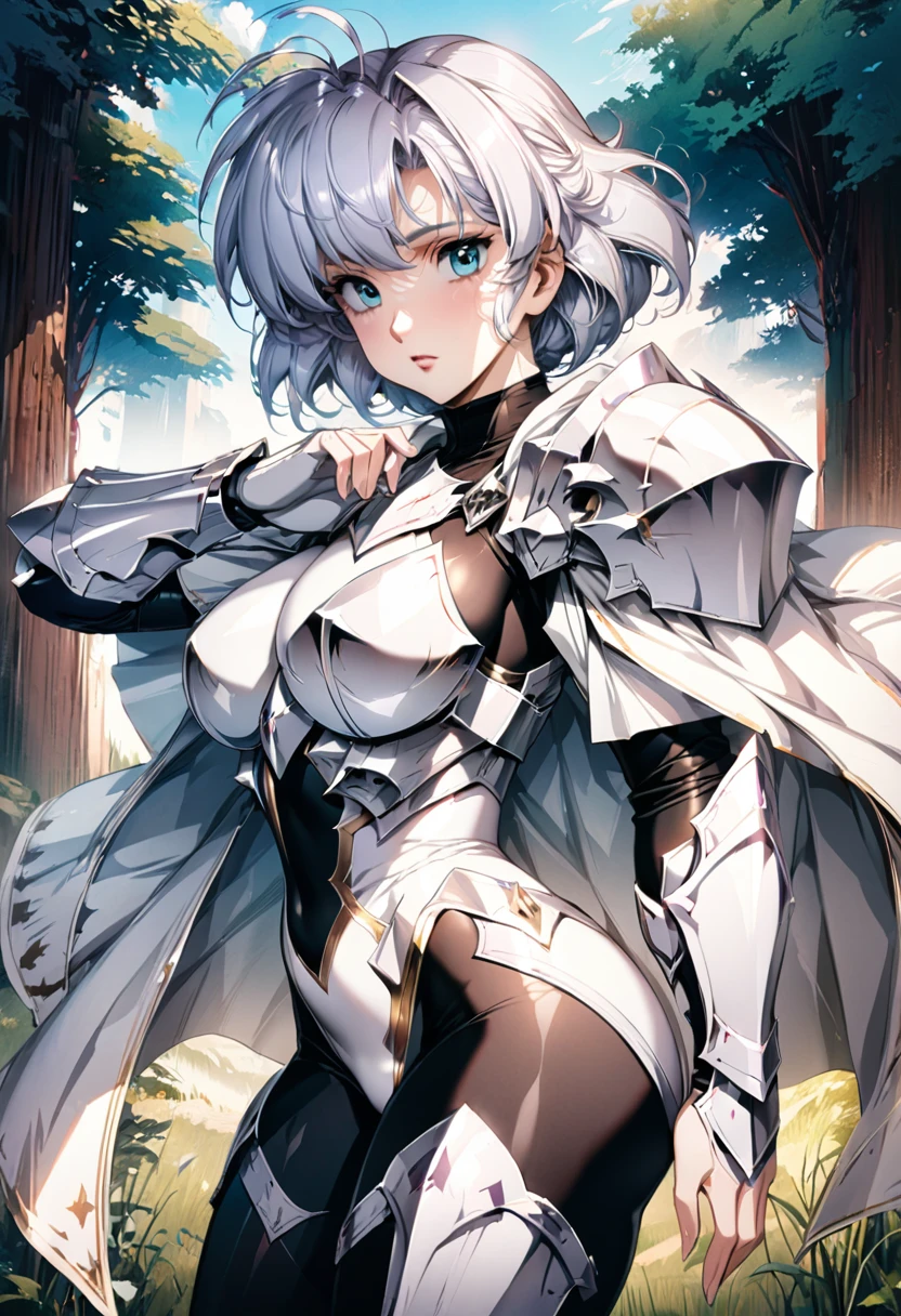 ((highest quality)), ((masterpiece)), ((hyperrealistic)), (detailed background), shoot from side, anime style, solo, 1girl, ((curvy: 1.2)), kawaii, ((armor dress: 1.3)), silver short hair, ahoge, (white paladin armor), ((high neck leotard bodysuit)), ((large breasts)), ((arm guard gauntlet)), (half cup breastplate), waist armor, ((see-through black bodystocking)), (big butt), perfect cloak, beautiful aqua eyes, perfect face, Perfect hands, perfect fingers, Blue sky and grassland,