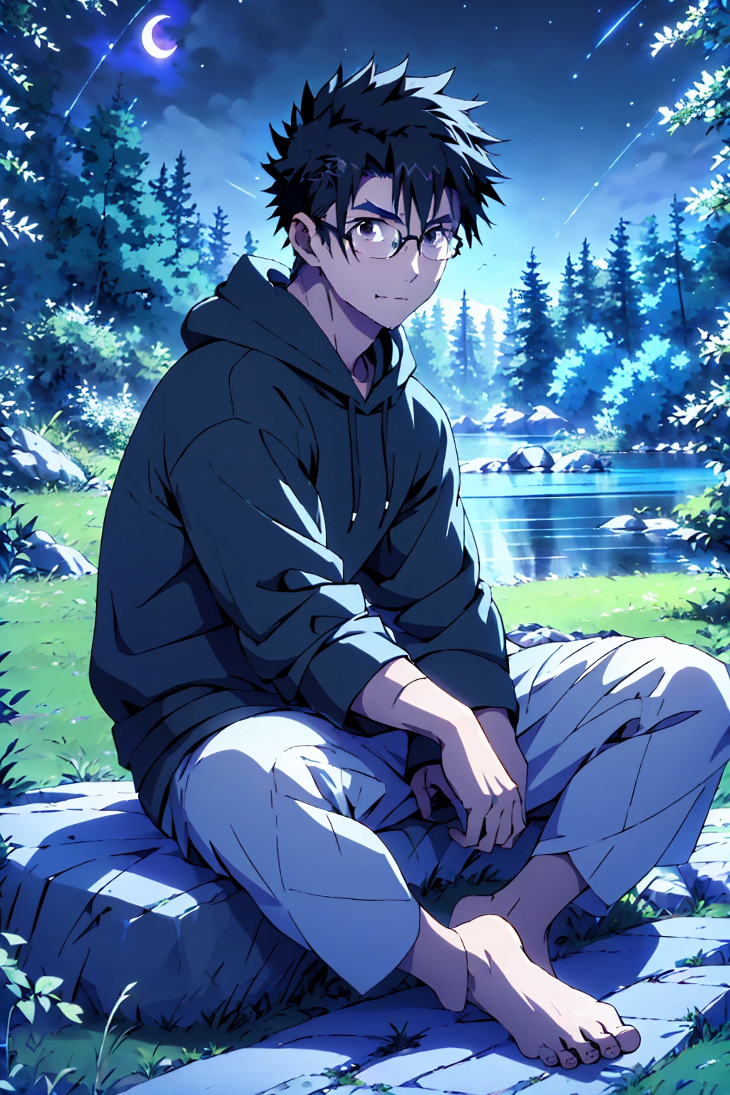 ((Highest quality)), ((masterpiece)), (detailed), Highest quality、High resolution、8K、Wearing a black hoodie、One adult male、33 years old、Dark Eyes、Black Hair、Japanese anime-like style、超High resolutionかわいい萌えアニメ8k、handsome face manly、undercut、Fake Hawk、Slender and muscular、Glasses、barefoot、sitting on a stone、Spread your legs、night、Forest landscape、lake、fire Fly、moonlight