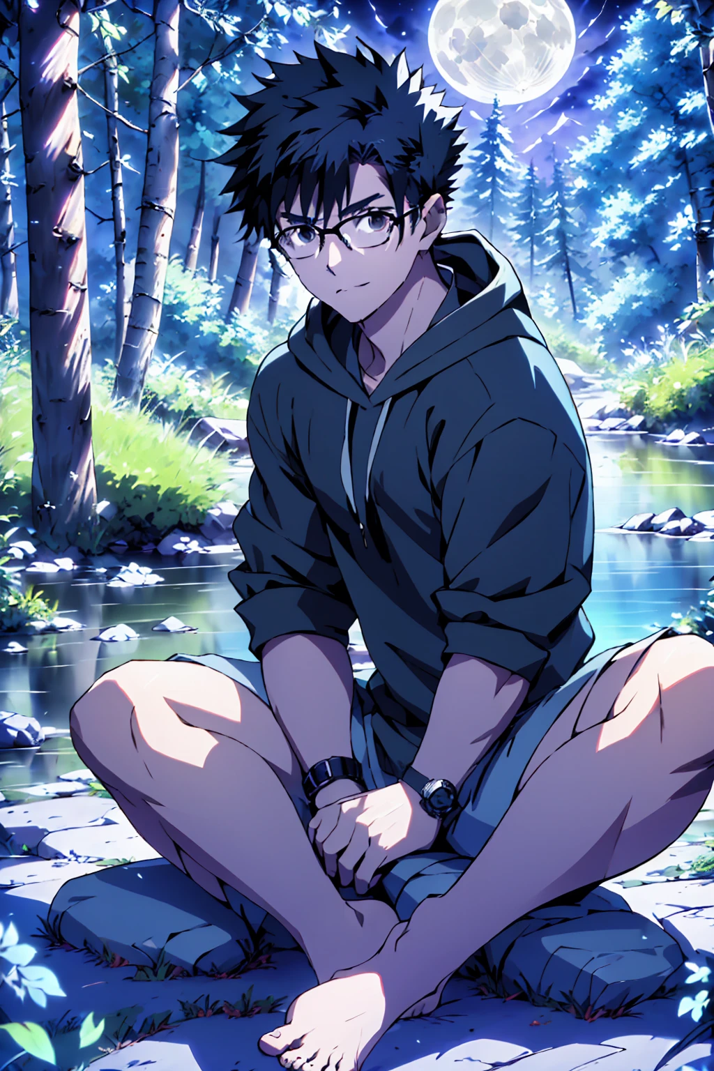 ((Highest quality)), ((masterpiece)), (detailed), Highest quality、High resolution、８K、Wearing a black hoodie、One adult male、33 years old、Dark Eyes、Black Hair、Japanese anime-like style、超High resolutionかわいい萌えアニメ8k、handsome face manly、undercut、Fake Hawk、Slender and muscular、Glasses、barefoot、sitting on a stone、Spread your legs、night、Forest landscape、lake、fire Fly、moonlight