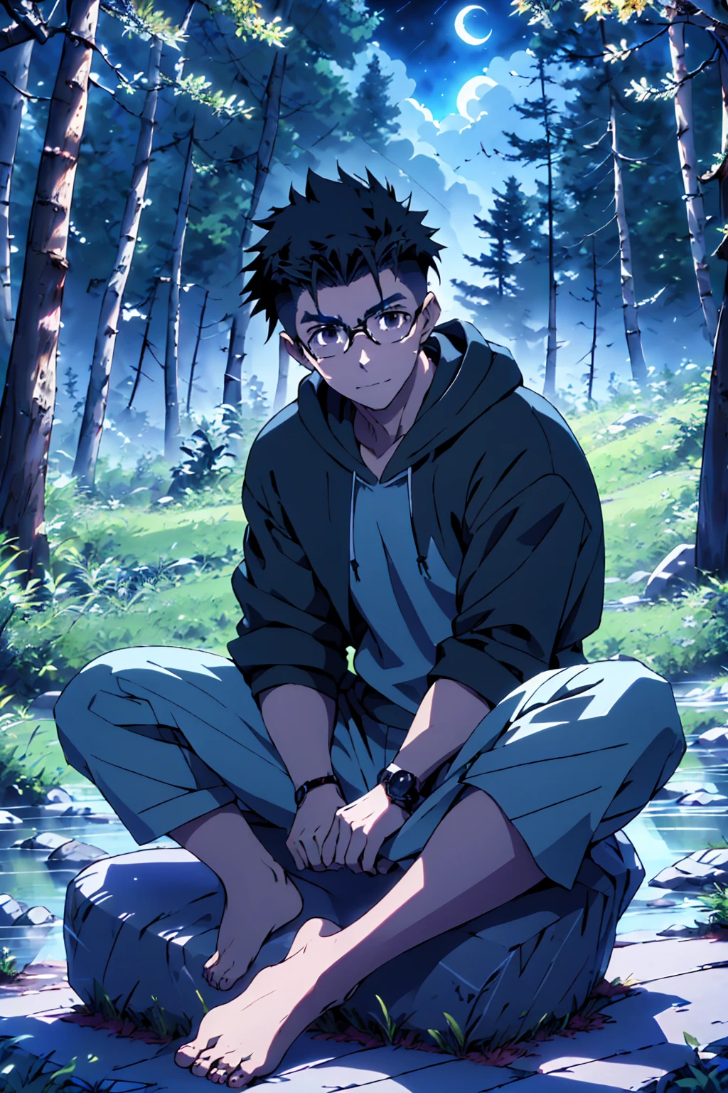((Highest quality)), ((masterpiece)), (detailed), Highest quality、High resolution、8K、Wearing a black hoodie、One adult male、33 years old、Dark Eyes、Black Hair、Japanese anime-like style、超High resolutionかわいい萌えアニメ8k、handsome face manly、undercut、Fake Hawk、Slender and muscular、Glasses、barefoot、sitting on a stone、Spread your legs、night、Forest landscape、lake、fire Fly、moonlight