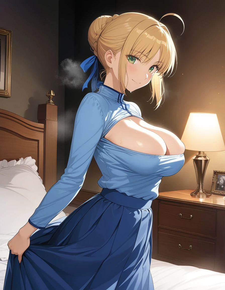 best quality, amazing quality, very aesthetic, 1girl, saber, fate/stay night, 1girl, saber, fate/stay night, , (artist official art:1.5), french braid bun hair, ahoge_hair, green eyes, steaming body, large breasts, jitome, cinematic light, official_blue_queen_outfit, long_skirt, chest_cover, stand_up_straight, arms_behind, on the bedroom, happy, smile, blush, night, looking_at_viewer, oily_skin, cool
