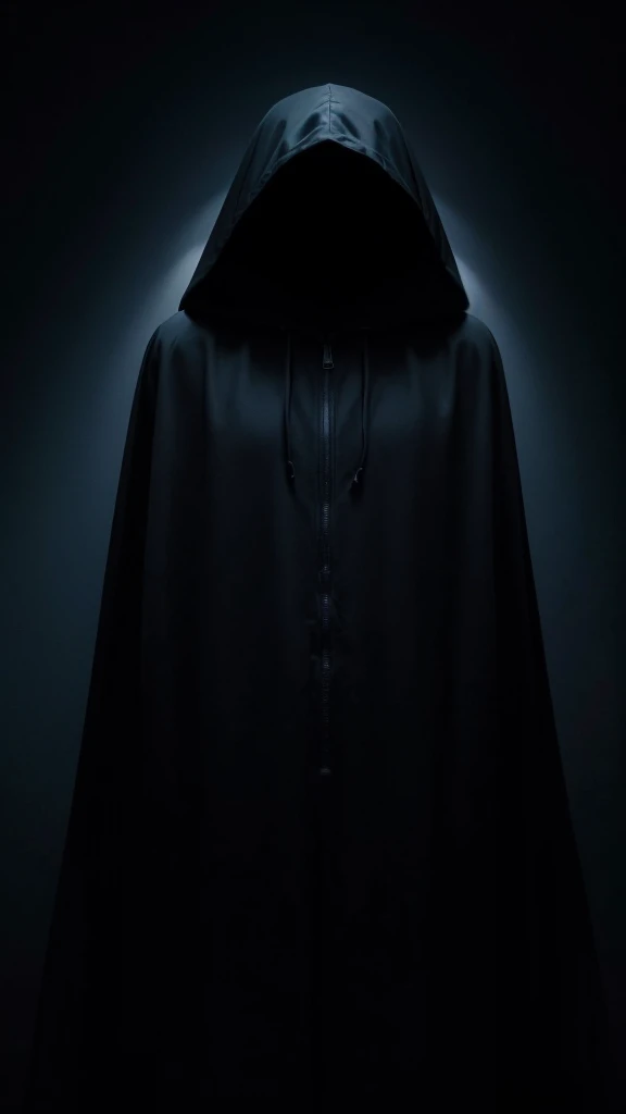Cloaked Figure: Dark silhouette of a hooded figure, with minimal detail on the face to maintain mystery. Lighting: A soft light effect coming from behind or above, creating an aura around the figure.