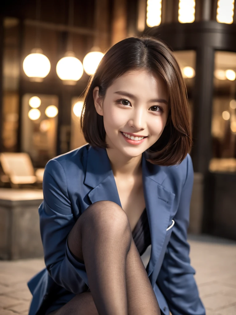 8k, (Raw photo:1.2), (Photorealsitic), Beautiful detailed, Famous popular actresses、 (Real: 1.4), extremely detailed eye and face, beatiful detailed eyes, ((Dazzling night illumination plaza:1.2)), ((Women's Suits:1.3, Ultra-realistic pantyhose:1.2))、selfee、Instagram、harsh trial, Please look at the camera and raise your hand、huge filesize, hight resolution, ighly detailed, top-quality, [​masterpiece:1.6], illustratio, ighly detailed, nsfw, finely detail, top-quality, 8k wallpaper, Cinematographic lighting, 1 milf, 19 year old, perfect body type, Beautiful big drooping eyes、Pieckfinger, ((masutepiece)), Best Quality, eye shadow,  high-heels、Portrait、(Very affectionate smile:1.2)、realistic skin textures、shinny skin、Exposed thighs, low angle photo, inverted nipples,