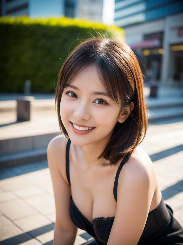 8k, (Raw photo:1.2), (Photorealsitic), Beautiful detailed, Famous popular actresses、 (Real: 1.4), extremely detailed eye and face, beatiful detailed eyes, ((Dazzling night illumination plaza:1.2)), ((Women's Suits:1.3, Ultra-realistic pantyhose:1.2))、selfee、Instagram、harsh trial, Please look at the camera and raise your hand、huge filesize, hight resolution, ighly detailed, top-quality, [​masterpiece:1.6], illustratio, ighly detailed, nsfw, finely detail, top-quality, 8k wallpaper, Cinematographic lighting, 1 milf, 19 year old, perfect body type, Beautiful big drooping eyes、Pieckfinger, ((masutepiece)), Best Quality, eye shadow,  high-heels、Portrait、(Very affectionate smile:1.2)、realistic skin textures、shinny skin、Exposed thighs, low angle photo, inverted nipples,