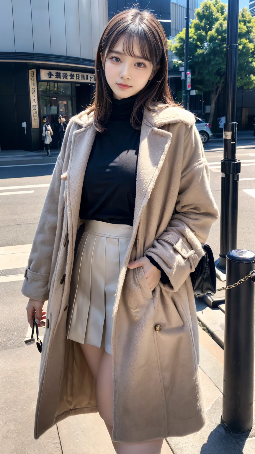 (8K, RAW Photos, Highest quality, masterpiece:1.2), (professional photography, full colors, studio-caliber color grading), (Gravure quality for high-end fashion magazines),  BREAK,18 year old girl, (boyish:1.15), (mannish:1.1), Big Natural Color Lip, (Plumpy body:1.2), (smooth skin:1.1), (large breasts:1.0), Gorgeous and stylish black fluffy latest trend Tokyo winter clothes, (Elegant and high quality coat:1.1)、(The perfect and most natural light brown coat:1.1 (t-shirt that goes all the way down to the neck:1.2 A-line skirt,