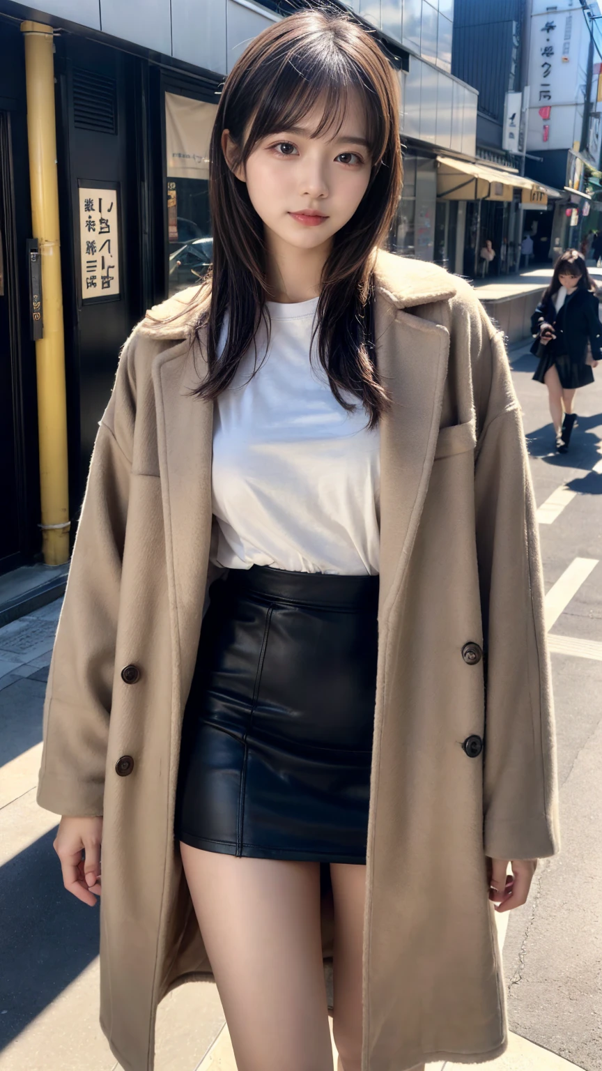 (8K, RAW Photos, Highest quality, masterpiece:1.2), (professional photography, full colors, studio-caliber color grading), (Gravure quality for high-end fashion magazines),  BREAK,18 year old girl, (boyish:1.15), (mannish:1.1), Big Natural Color Lip, (Plumpy body:1.2), (smooth skin:1.1), (large breasts:1.0), Gorgeous and stylish black fluffy latest trend Tokyo winter clothes, (Elegant and high quality coat:1.1)、(The perfect and most natural light brown coat:1.1 (t-shirt that goes all the way down to the neck:1.2 A-line skirt,