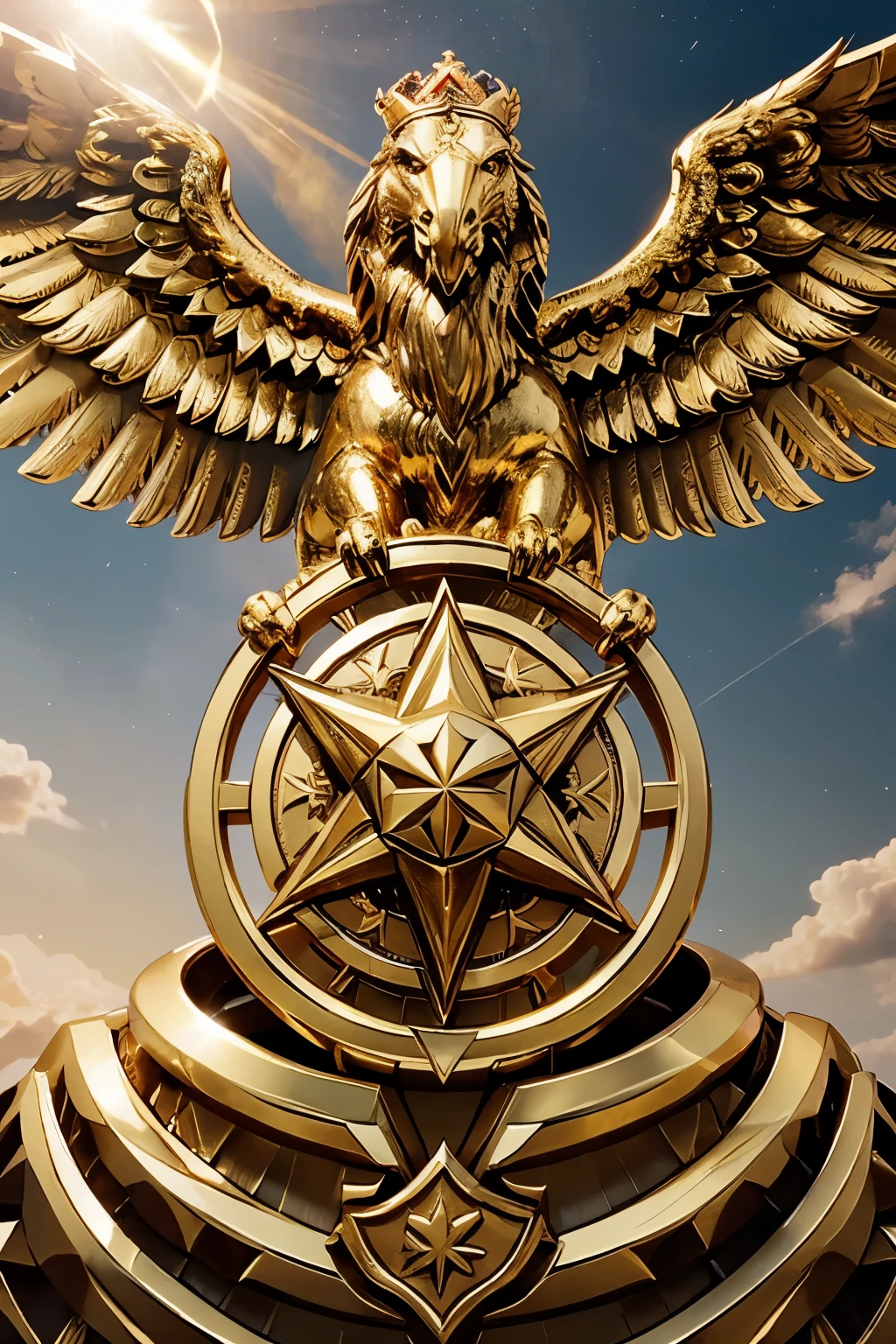 There was a golden ring around  with a majestic griffin at the center with a golden crown above its head, crossed swords and shields surrounding the griffin and blue stars and sun decorating the background. There's also a streak of white lines around the ring representing the Guardian.