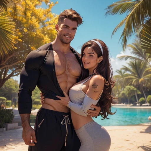 ONE tall muscular shirtless man (man: with short hair) with TWO beautiful women of different natural hair colors And different races doing yoga together, two women: looking at the man and hugging him competing for his love, there must be one man and two women, women: Athletic fit bodybuilding muscular 30 year old fitness athlete woman, amazingly long wavy voluminous flowing hair down her back to her thighs, big beautiful green eyes, MANY freckles on face and body, muscle tone, wet and glistening from sweat, wearing low-rise oversized sweatpants-shorts, ((( IMPORTANT: and a huge loose baggy oversized low-cut comfy big sweatshirt with ONE wide-neck-hole that goes all around off-shoulder and cleavage in one big swoop 1.3))), very tall socks and cute sneakers, very stylish sunglasses, wearing headphones, flowers in hair, muscle definition in shoulders and belly and legs, gorgeous neck and shoulders, curvy, juicy wide hips, thick thighs, nice big muscular ass, mature gorgeous incredible pretty face, grinning, laughing, many tattoos on her body, doing yoga on a private beach in the morning, yoga mat, Instagram model, (((small breasts 1.3))), (((and bokeh and incredible colors and professional photographer with a sense of the dynamic and having depth 1.3 ))) k, SFW, abs,photorealistic,super long hair, incredible outfit that makes sense practically and beautifully for an autumn morning when it's sunny but a little windy, , headband, all clothes are one color,